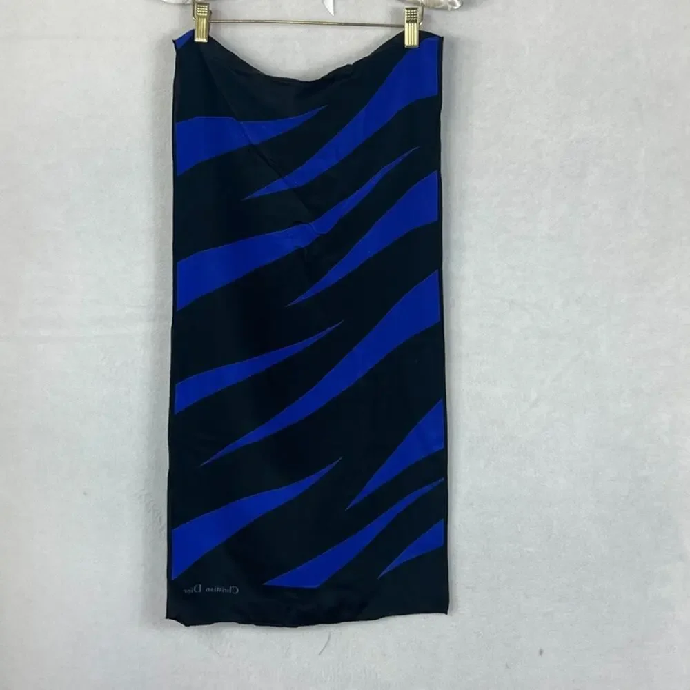 Christian Dior Silk Scarf Unisex Blue/Black Striped Pattern 14